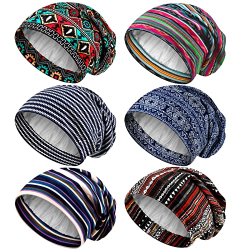 Sintege 6 Pcs Satin Lined Bonnet Sleep Chemo Hat Stretch Cancer Cap for Women Men Cancer Patient African Silk Soft BeanieRetro Patterns - Image 1