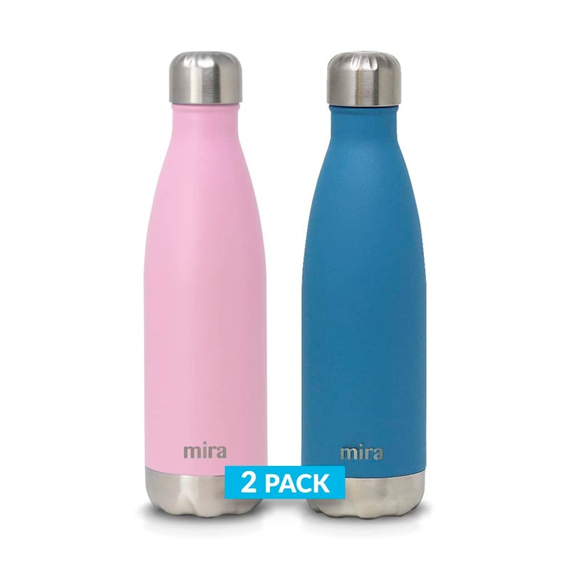 MIRA 2 Pack 17 oz Insulated Water Bottle Stainless Steel Cola Shape Thermo Double Wall Hot Cold Flask 24Hr Cold12Hr Hot Rose Pink Hawaiian Blue
