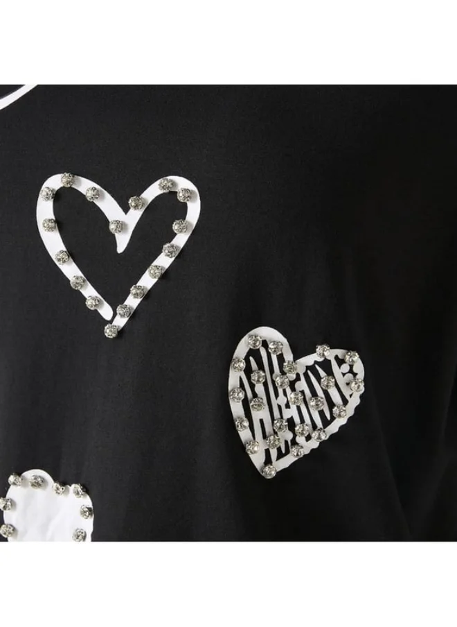 2Xtremz 2Xtremz Embellished Heart Print T-shirt with Short Sleeves