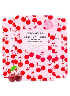Vitamasques Vitamasques Lip Mask, 3-Pack - Cherry Vegan Collagen Lip Mask Sheets, Repair for Dry & Chapped Lips - Nourishing & Hydrating - Wild Cherries & Hyaluronic Acid - Vegan & Cruelty-Free Korean Skin Care 