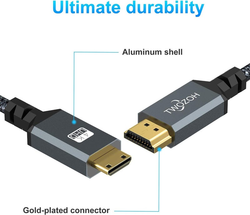Twozoh Mini HDMI to HDMI Cable 1M, 4K 60Hz High Speed HDMI to Mini HDMI 2.0 Braided Lead - Image 2