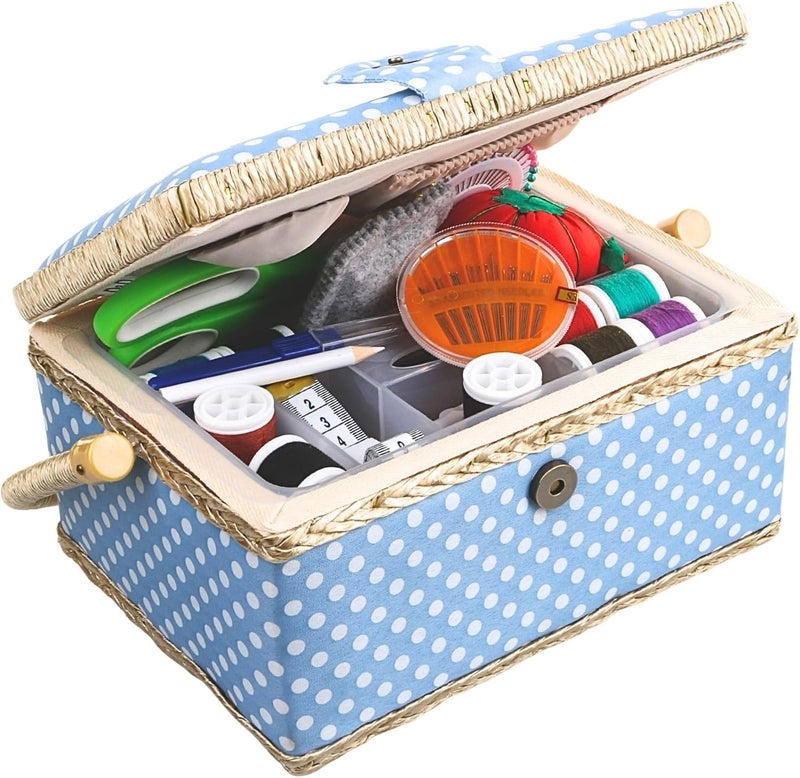 COMFECTO Large Sewing Basket with Complete Kit Accessories, Wooden Beginners Sewing Kits with Removable Tray Tomato Pincushion for Mending, Blue Polka Dots - Image 1