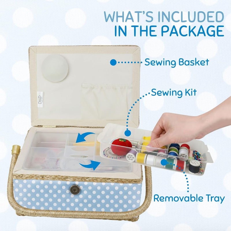 COMFECTO Large Sewing Basket with Complete Kit Accessories, Wooden Beginners Sewing Kits with Removable Tray Tomato Pincushion for Mending, Blue Polka Dots - Image 3