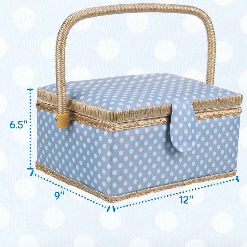 COMFECTO Large Sewing Basket with Complete Kit Accessories, Wooden Beginners Sewing Kits with Removable Tray Tomato Pincushion for Mending, Blue Polka Dots - Image 4