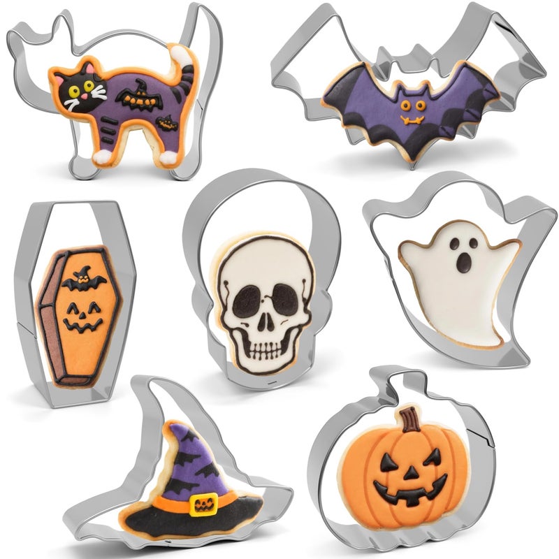 VTUGP Halloween Cookie Cutters Set 7 Pieces - Large Bat, Ghost, Pumpkin, Witch Hat, Cat, Skull, Coffin Shapes, Stainless Steel Biscuit Molds for Holiday Baking Halloween Food Party Decorations - Image 1