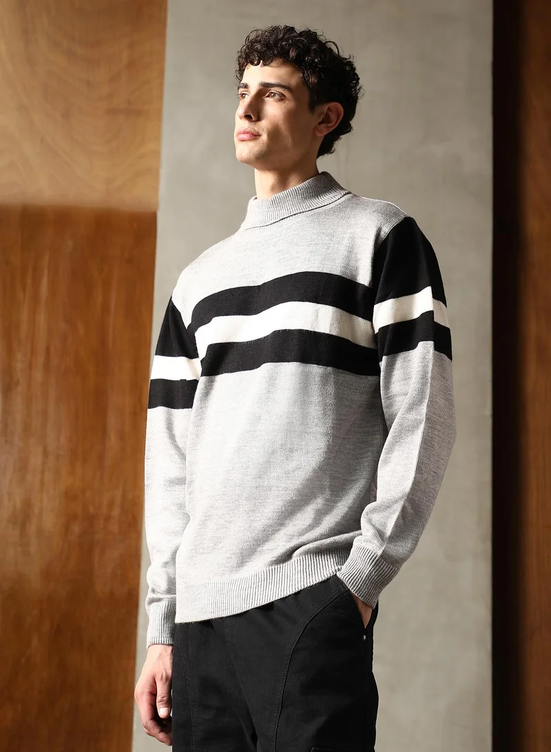 كامبوس سوترا Campus Sutra Men's Coin Grey Striped Relaxed-Pullover Sweater | Turtle Neck , Ribbed Cuff Sleeves , Pull On Closure , Ribbed-Straight Hem | Stripes Plain For Casual & Daily Wear