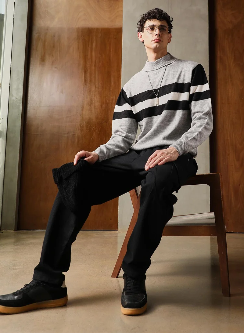 كامبوس سوترا Campus Sutra Men's Coin Grey Striped Relaxed-Pullover Sweater | Turtle Neck , Ribbed Cuff Sleeves , Pull On Closure , Ribbed-Straight Hem | Stripes Plain For Casual & Daily Wear