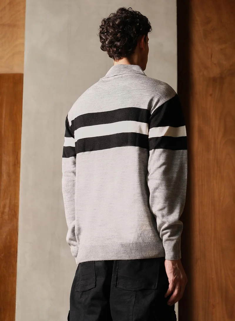 كامبوس سوترا Campus Sutra Men's Coin Grey Striped Relaxed-Pullover Sweater | Turtle Neck , Ribbed Cuff Sleeves , Pull On Closure , Ribbed-Straight Hem | Stripes Plain For Casual & Daily Wear