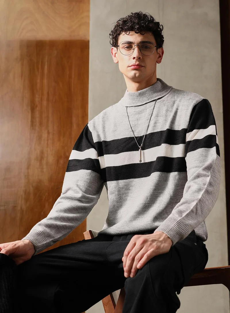 Campus Sutra Campus Sutra Men's Coin Grey Striped Relaxed-Pullover Sweater | Turtle Neck , Ribbed Cuff Sleeves , Pull On Closure , Ribbed-Straight Hem | Stripes Plain For Casual & Daily Wear