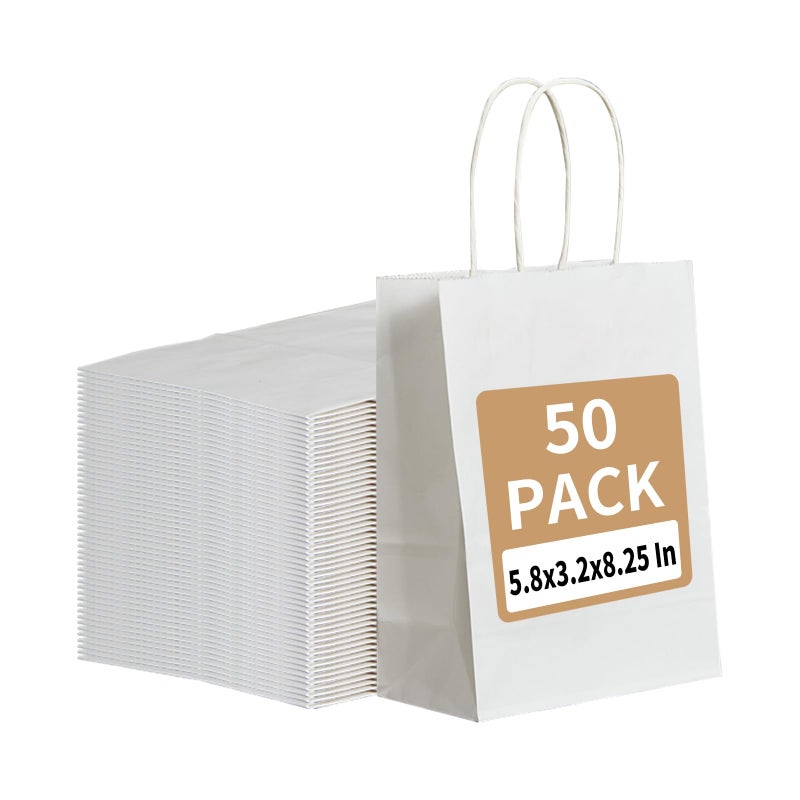 RACETOP 50 Pack White Kraft Paper Gift Bags 58x32x825 Inch Small Paper Bags with Handles Bulk for Business Parties Retail Shopping Versatile for Birthday Wedding Grocery Craft