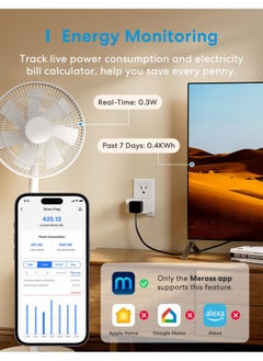 meross meross Matter Smart Plug, Energy Monitoring Smart Outlet, Wi-Fi Plug Work with Alexa, Apple HomeKit, Google with Schedule Timer, 15A/1800W, 100% Privacy Matter Smart Home, App & Voice Control 4 Pack  - Image 3