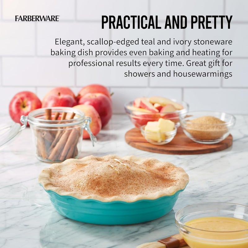 Farberware Bakers Advantage Durable Stoneware Ceramic Pie Dish, Ideal for Making Sweet and Savory Dishes, Heat Resistant, 10 Inch, Teal - Image 4