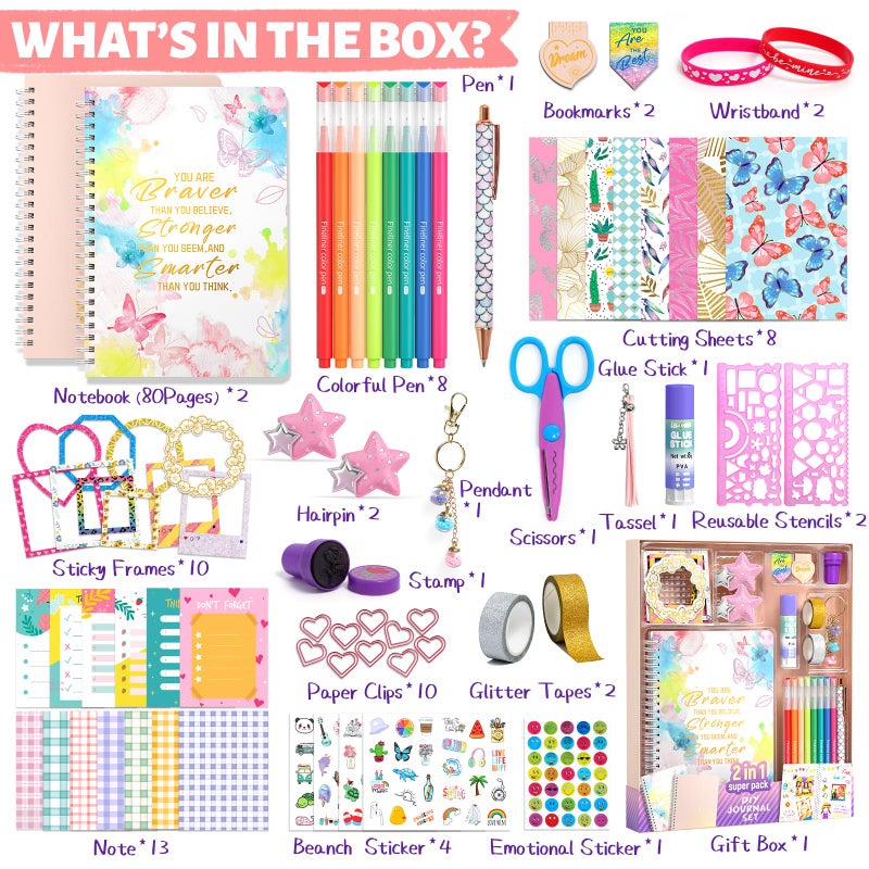 ADUSRIZ 2-Pack DIY Journal Kit for Girls Ages 8-14 Year Old, Birthday Christmas Gifts for Teen Girls, 70+ Pcs Art & Crafts, Scrapbook & Diary Supplies Toy Set Trendy Stuff for Kids - Image 2