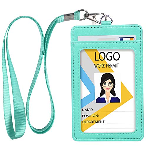 Teskyer Badge Holder with Lanyard, Leather ID Name Badge Card Holder with Lanyard for ID Badges, Vertical Green - Image 1