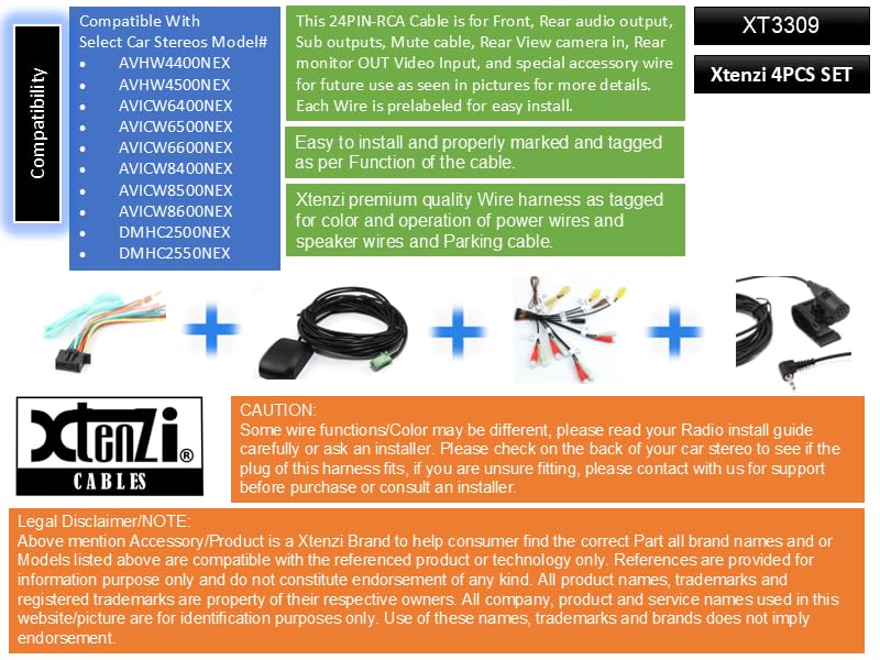 Xtenzi Car Audio 4 Pcs Cable Set XT3309 GPS MIC RCA and Wire Harness Compatible with Pioneer AVH-W4400NEX W4500NWX, AVIC-W6400NEX W6500NEX 6600NEX - Image 2