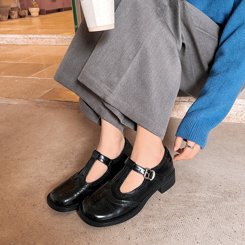 3Cm Handmade Women'S Shoes College British Vintage Carved Mary Jane Women'S Shoes T-Buckle Low-Heeled Small Leather Shoes - Image 3