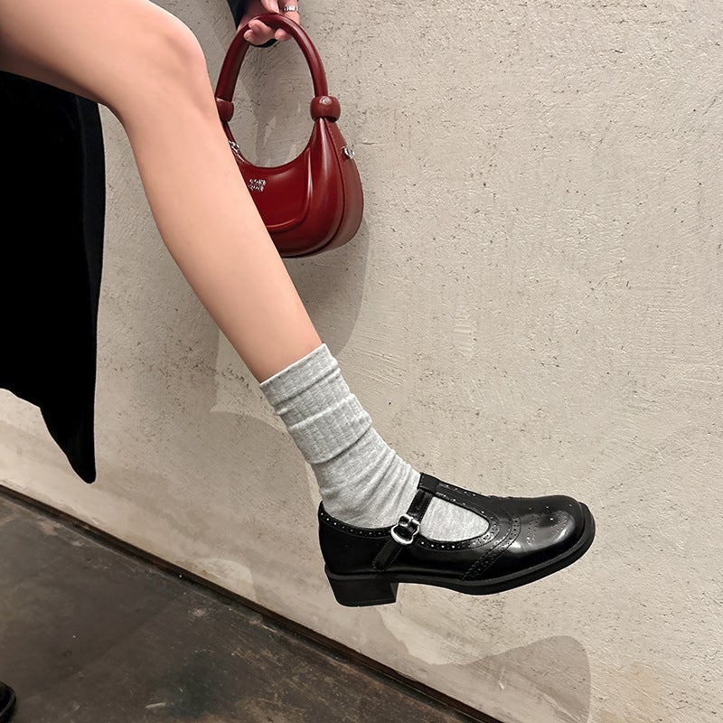 3Cm Handmade Women'S Shoes College British Vintage Carved Mary Jane Women'S Shoes T-Buckle Low-Heeled Small Leather Shoes - Image 2