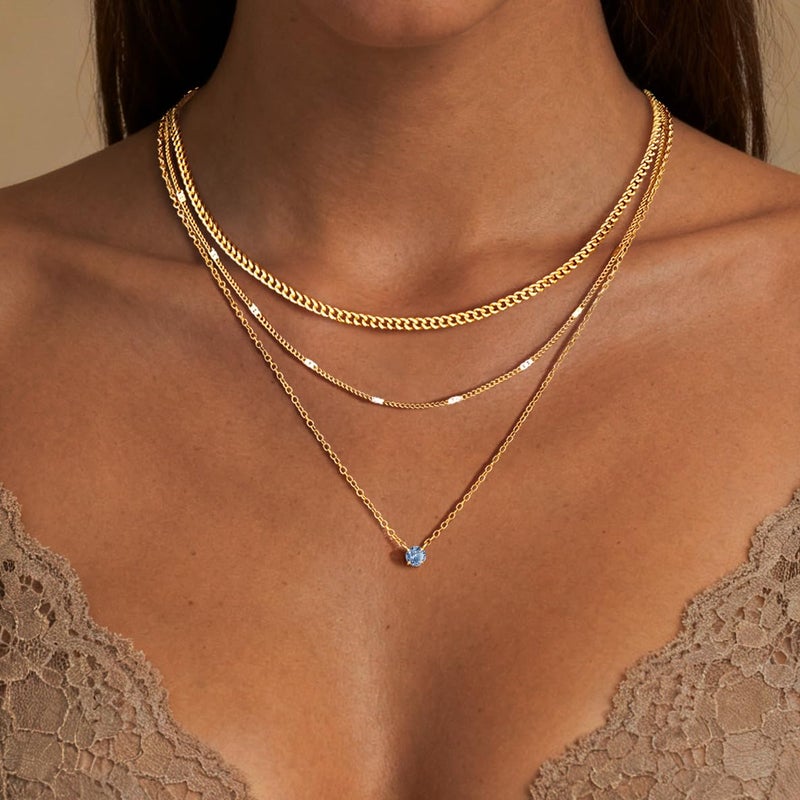 WomenGifts December Created Blue Topaz (Sky Blue) Layered Necklace Set, 14K Gold Plated Birthstone Pendant with Choker Cuban Link & Satellite Chain, Personalized Jewelry Gift - Image 5