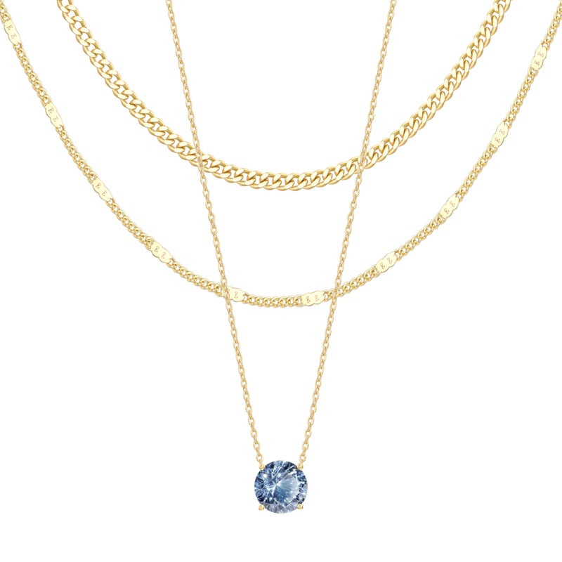 WomenGifts December Created Blue Topaz (Sky Blue) Layered Necklace Set, 14K Gold Plated Birthstone Pendant with Choker Cuban Link & Satellite Chain, Personalized Jewelry Gift - Image 1