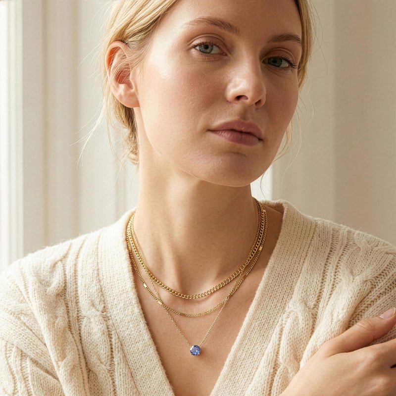 WomenGifts December Created Blue Topaz (Sky Blue) Layered Necklace Set, 14K Gold Plated Birthstone Pendant with Choker Cuban Link & Satellite Chain, Personalized Jewelry Gift - Image 2