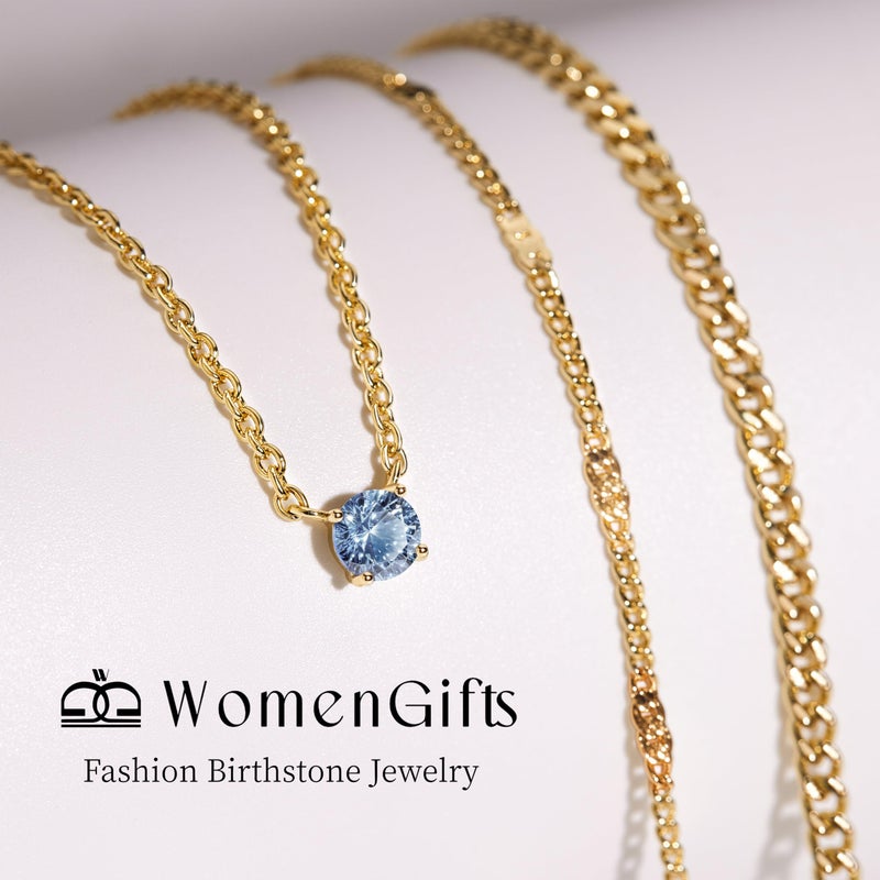 WomenGifts December Created Blue Topaz (Sky Blue) Layered Necklace Set, 14K Gold Plated Birthstone Pendant with Choker Cuban Link & Satellite Chain, Personalized Jewelry Gift - Image 3