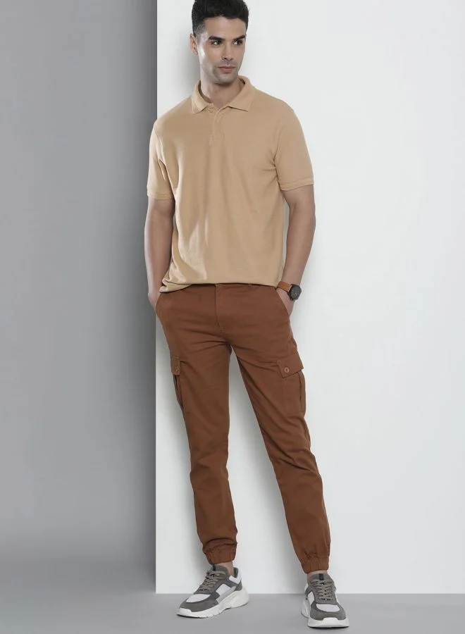 The Indian Garage Co Men Slim Fit Solid Mid-Rise Stretchable Cuffed Cargos