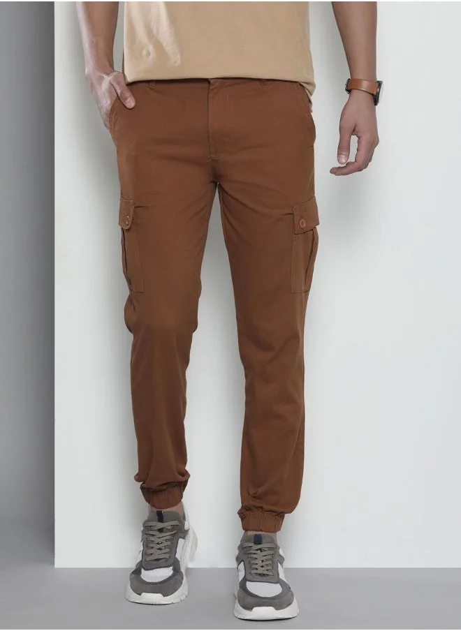 The Indian Garage Co Men Slim Fit Solid Mid-Rise Stretchable Cuffed Cargos