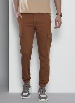 Men Slim Fit Solid Mid-Rise Stretchable Cuffed Cargos