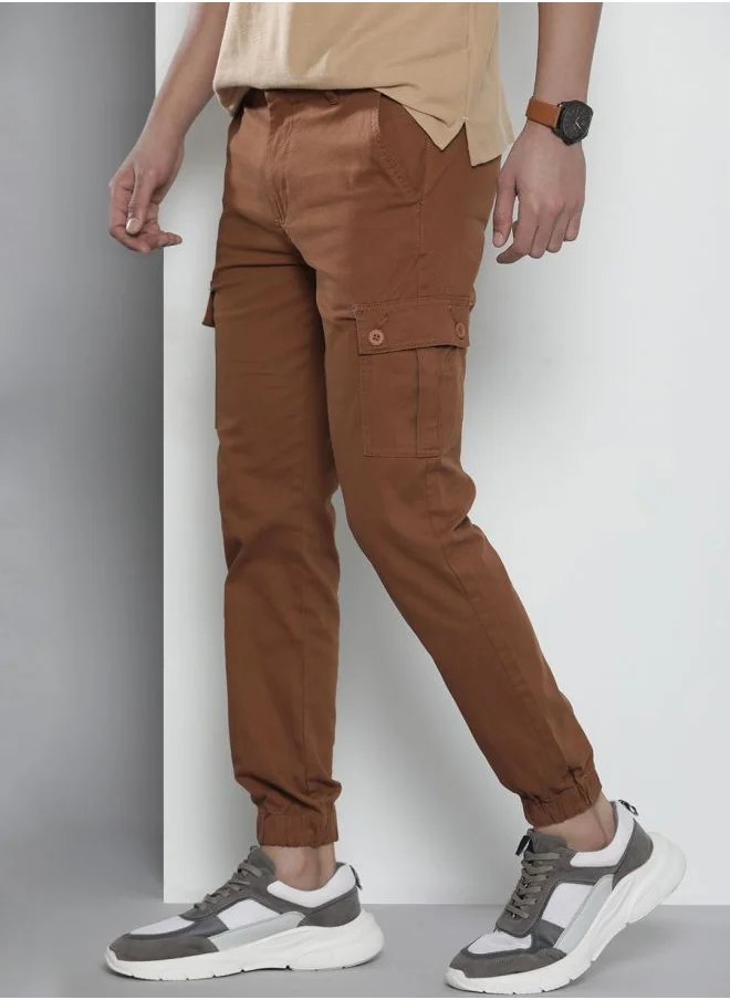 The Indian Garage Co Men Slim Fit Solid Mid-Rise Stretchable Cuffed Cargos