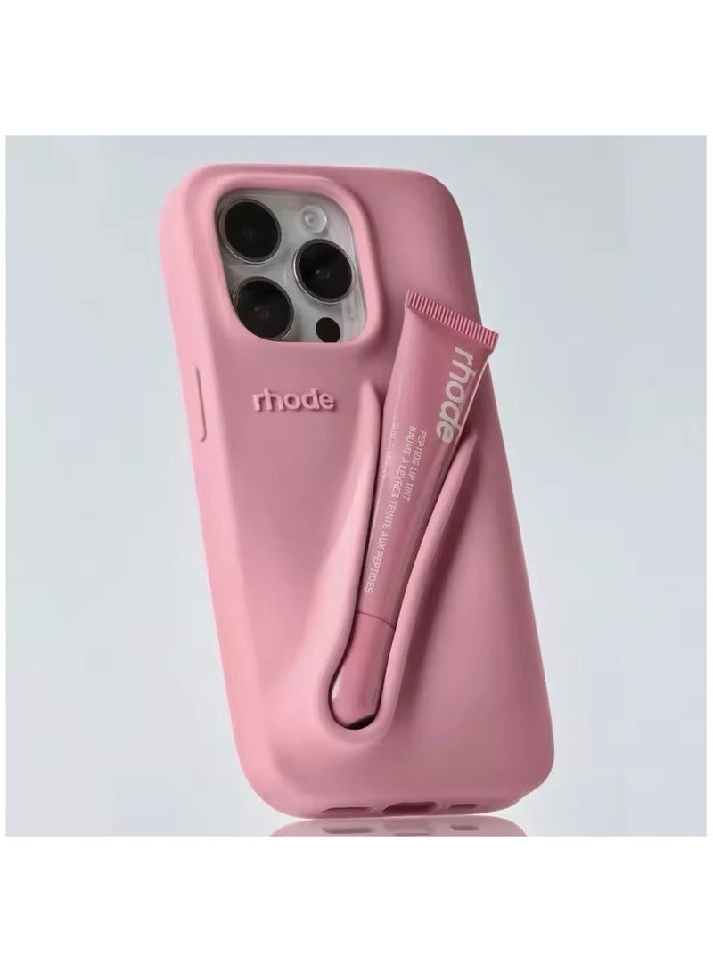 rhode Lip Gloss Phone Case with Lip Tint, For iPhone Case Liquid Silicone Camera Protection Lipstick Lip Glaze Phone Case for iPhone 16 Pro Max (Ribbon) - Image 1