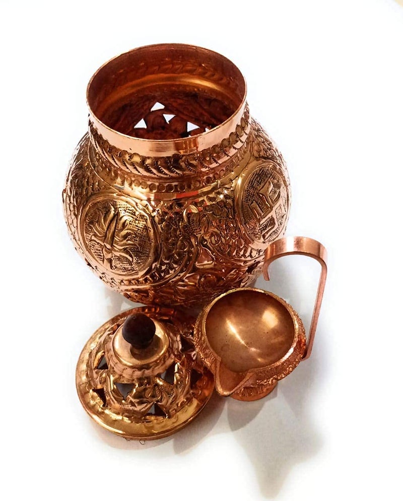BRUSHFINCH Navratri Garbo Navratri Garba Hindu Goddess Om Swastik Pure Coppered Nakshidar Design Garbo Aarti Pot with Metal Handle Diya1 pc - Image 3