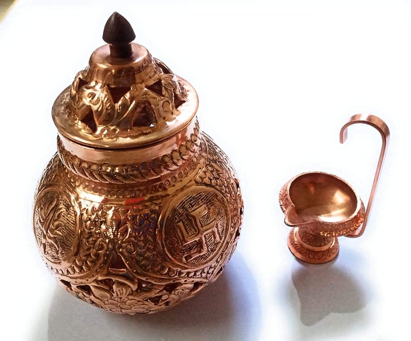 BRUSHFINCH Navratri Garbo Navratri Garba Hindu Goddess Om Swastik Pure Coppered Nakshidar Design Garbo Aarti Pot with Metal Handle Diya1 pc - Image 2