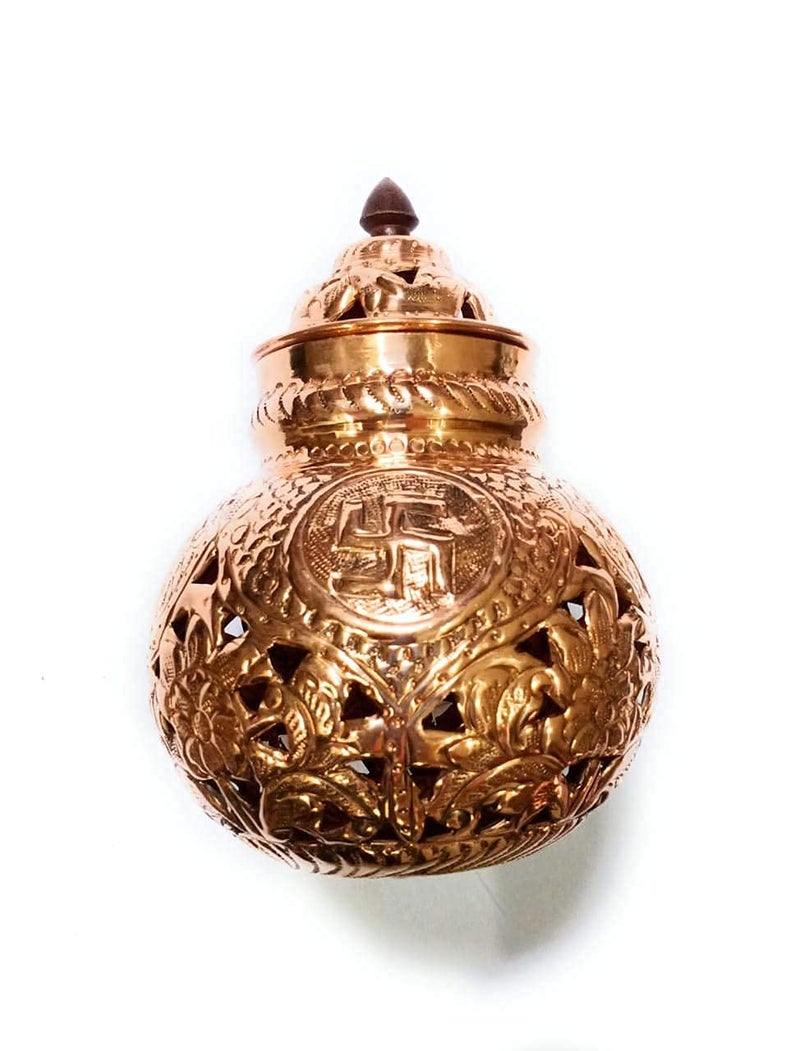 BRUSHFINCH Navratri Garbo Navratri Garba Hindu Goddess Om Swastik Pure Coppered Nakshidar Design Garbo Aarti Pot with Metal Handle Diya1 pc - Image 4
