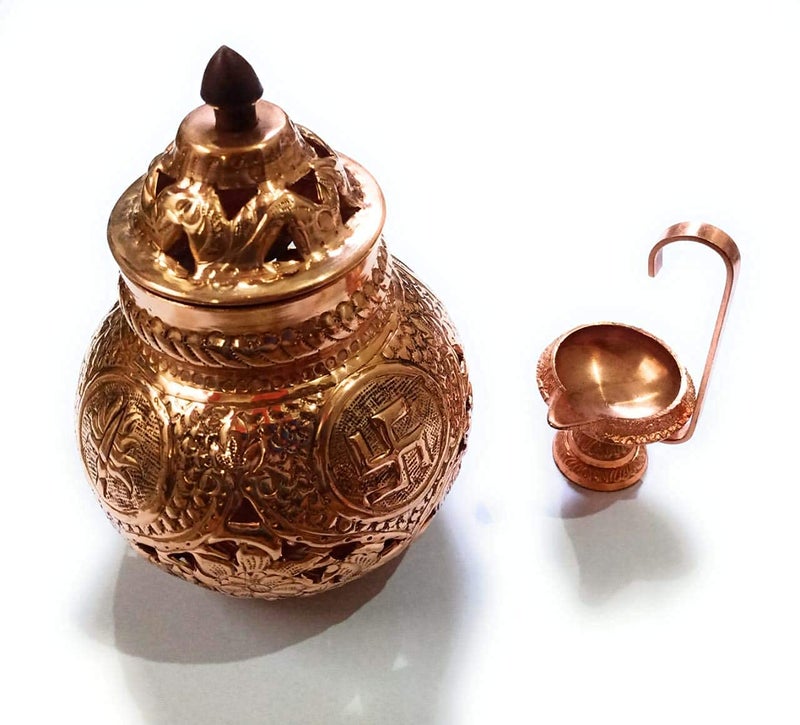 BRUSHFINCH Navratri Garbo Navratri Garba Hindu Goddess Om Swastik Pure Coppered Nakshidar Design Garbo Aarti Pot with Metal Handle Diya1 pc - Image 1