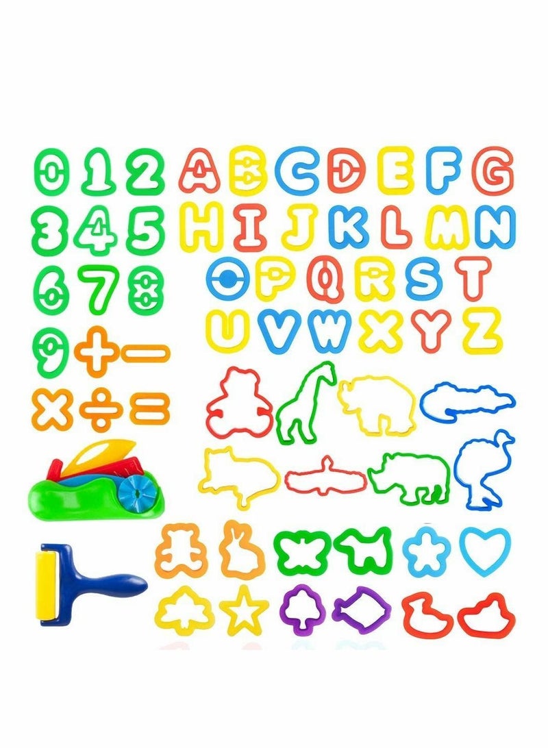 NIBEMINENT Multi-Color Clay Dough Tools, Play Tools Set for Kids Letter Molds, Numeral Molds Various Plastic Animal Creative Cutting (Letters Numbers and Basic Shapes 63 Pieces)  - Image 1