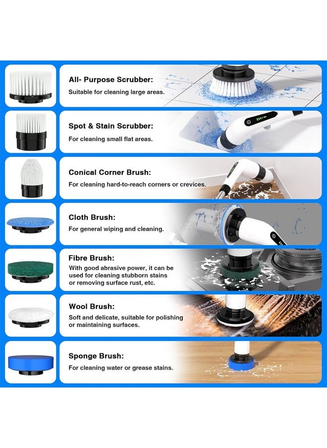 Hihonor Electric Spin Scrubber, Cordless Full Body Waterproof Cleaning Brush with Displaying Battery Level, 7 Replaceable Heads, Detachable Telescopic Handle, for Kitchen, Living Room, Bathroom  - Image 4