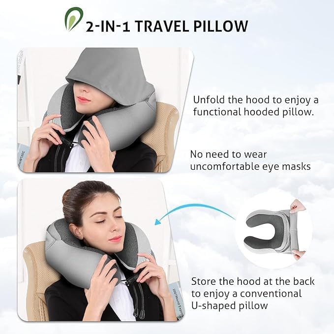Mixen MIXEN Memory Foam Pillow for Travel with Hood, Adult Airplane Portable Pillow for Head Rest Neck Support, Office Cars Trains Long Flights Sleeping - Image 2
