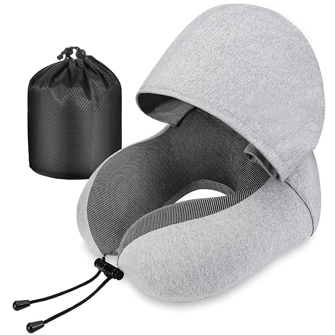 Mixen MIXEN Memory Foam Pillow for Travel with Hood, Adult Airplane Portable Pillow for Head Rest Neck Support, Office Cars Trains Long Flights Sleeping - Image 1