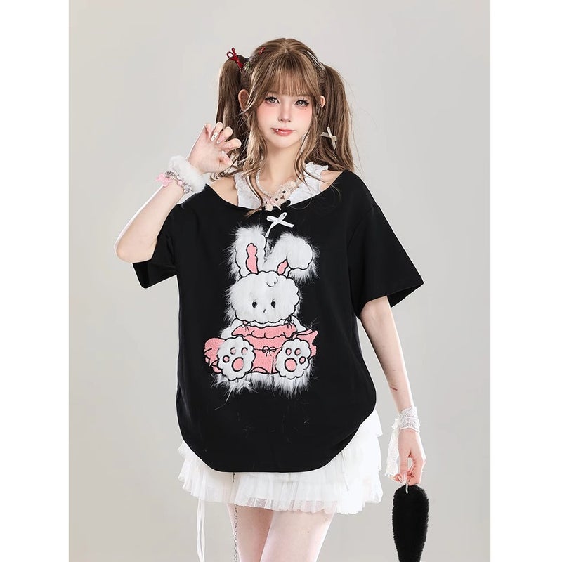 [Sorona] Cute Bunny Off-Shoulder Fake Two-Piece Short-Sleeved T-Shirt For Girls In Summer With Loose And Slim Design - Image 3