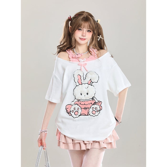 [Sorona] Cute Bunny Off-Shoulder Fake Two-Piece Short-Sleeved T-Shirt For Girls In Summer With Loose And Slim Design - Image 1