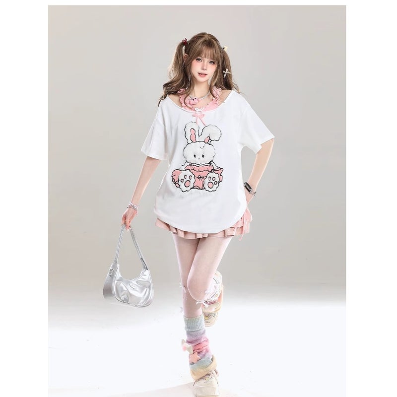 [Sorona] Cute Bunny Off-Shoulder Fake Two-Piece Short-Sleeved T-Shirt For Girls In Summer With Loose And Slim Design - Image 4