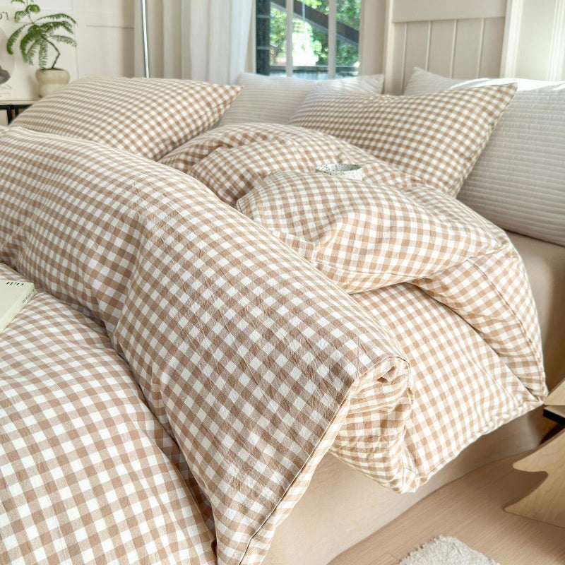 LifeTB Queen Comforter Set Tan Gingham Comforter Modern Style Beige Plaid Comforter Set 3 Pieces Fluffy Grid Checkered Comforter with 2 Pillowcases Boho Gingham Bedding Set Queen Size - Image 1