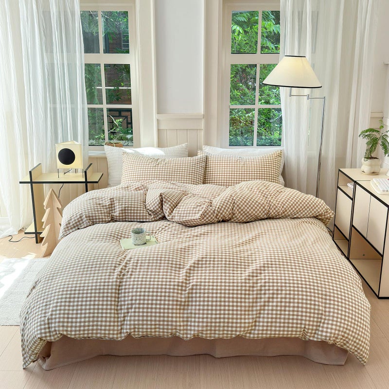 LifeTB Queen Comforter Set Tan Gingham Comforter Modern Style Beige Plaid Comforter Set 3 Pieces Fluffy Grid Checkered Comforter with 2 Pillowcases Boho Gingham Bedding Set Queen Size - Image 3