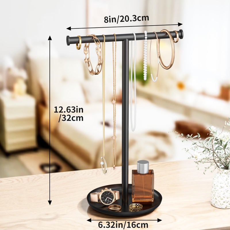 Jasopaco Necklace Organizer Stand with Storage Tray - 12.6" Tall T-Shaped Jewelry Holder Stand for Bracelets, Earrings, Rings | Stylish Home & Vanity DÃ©cor for Women, Black. - Image 5