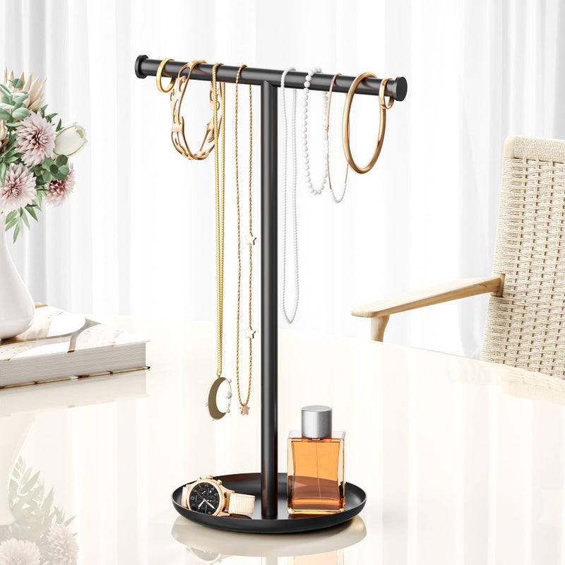 Jasopaco Necklace Organizer Stand with Storage Tray - 12.6" Tall T-Shaped Jewelry Holder Stand for Bracelets, Earrings, Rings | Stylish Home & Vanity DÃ©cor for Women, Black. - Image 2