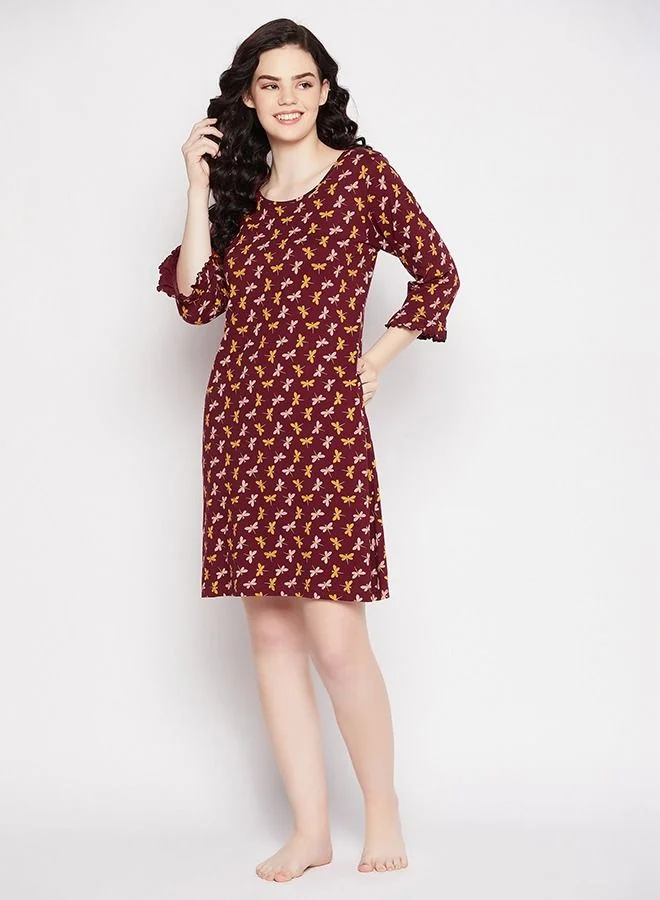 كلوفيا Clovia Butterfly Print Short Night Dress In Plum Colour - 100% Cotton