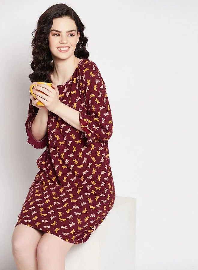 كلوفيا Clovia Butterfly Print Short Night Dress In Plum Colour - 100% Cotton