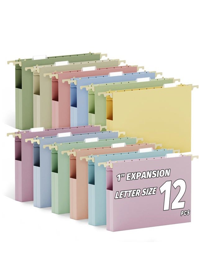 Ansook Hanging File Folders Letter Size Extra Capacity,Heavy Duty 1'' Exandable File Folders Hanging with Tabs,12 Pack Pastel Plastic Filing Cabinet Folders,Desk Hang File Organizer for Office Home - Image 1