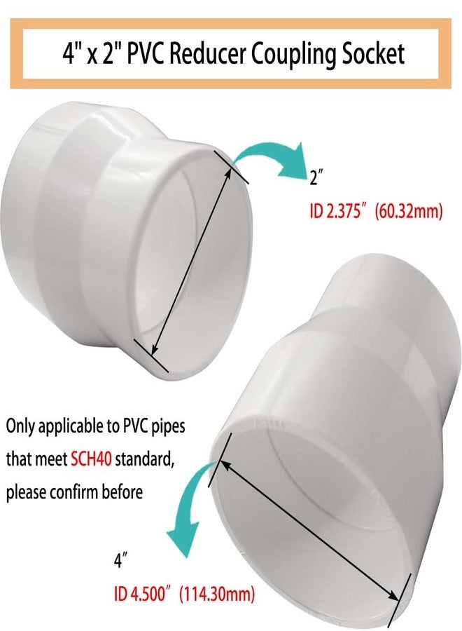 YSIL 1 Pcs 4" x 2" PVC Reducer Coupling Adapter Socket x Socket Pipe Fittings,Schedule 40 PVC DWV Pipe Slip Socket Connectors for House & Industrial Plumbing PIPE Connection,White - Image 2