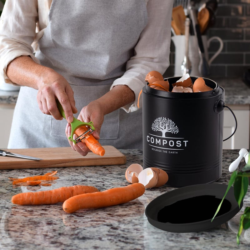 Perfnique Kitchen Compost Bin 1.3 جالون سماد كونترتوب سماد مع دلو السماد الداخلي الغطاء يشمل بطانة دلو داخلية ومرشح الكربون سماد صغير (أسود مع أكياس) - Image 2